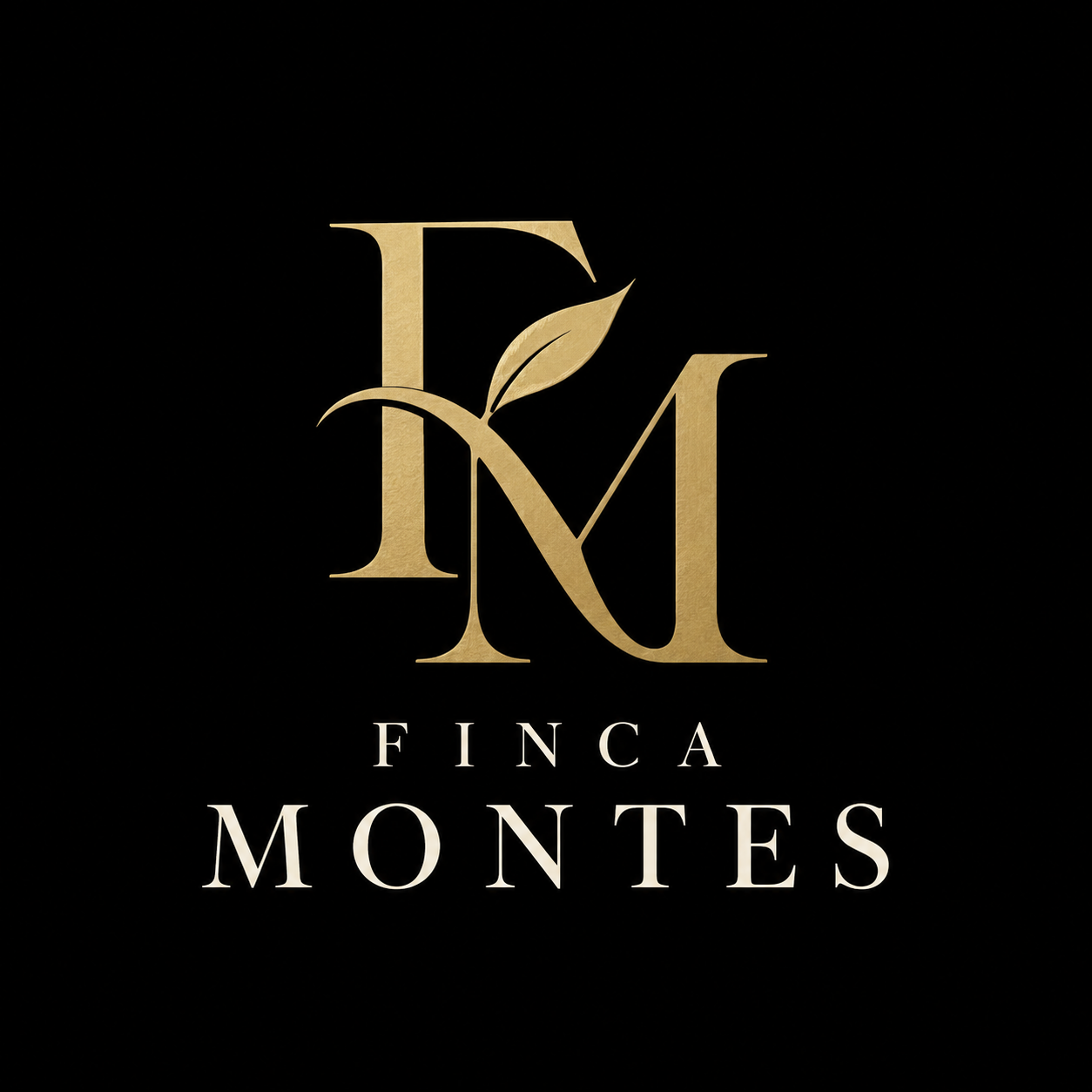 Finca Montes: monograma FM con rama en dorado